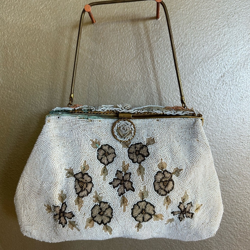 Vintage Leo Miller Beaded Clutch Cream Brass